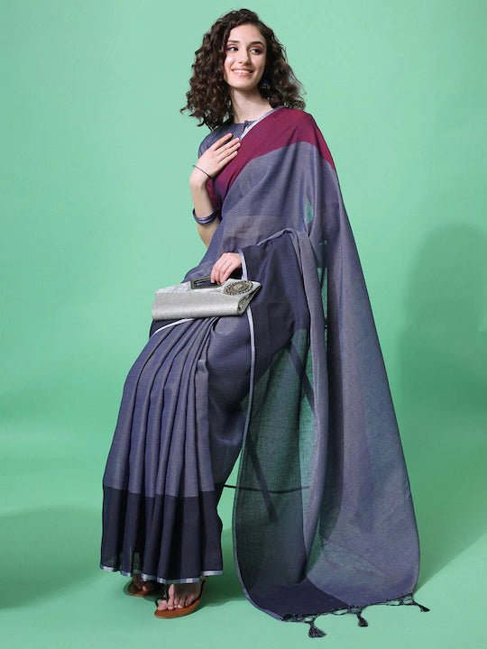 MASSTANI BY INDDUS Navy Blue Maroon Woven Design Saree - Inddus.com