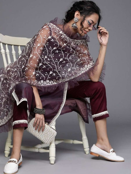 Mauve Chanderi Cotton Solid Straight Cut Suit - Inddus.com