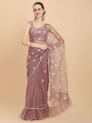 Mauve Embroidered Net Ruffle Saree - Inddus.com