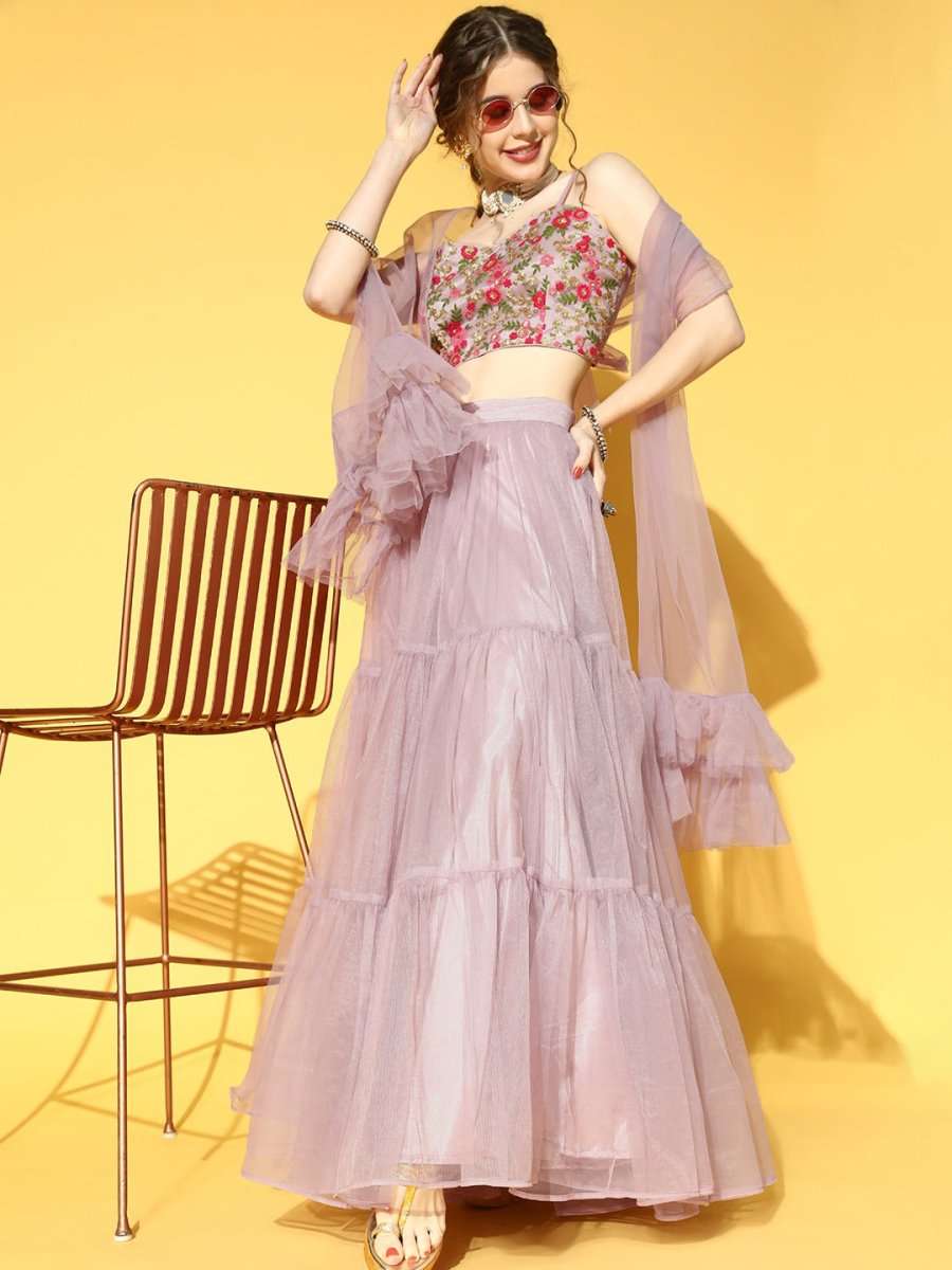 Mauve Embroidered Semi-Stitched Net Lehenga & Unstitched Choli With Dupatta - Inddus.com