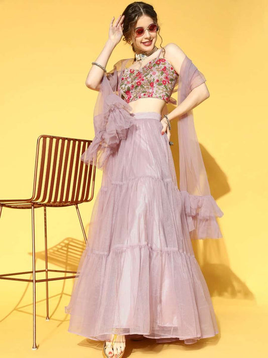 Mauve Embroidered Semi-Stitched Net Lehenga & Unstitched Choli With Dupatta - Inddus.com