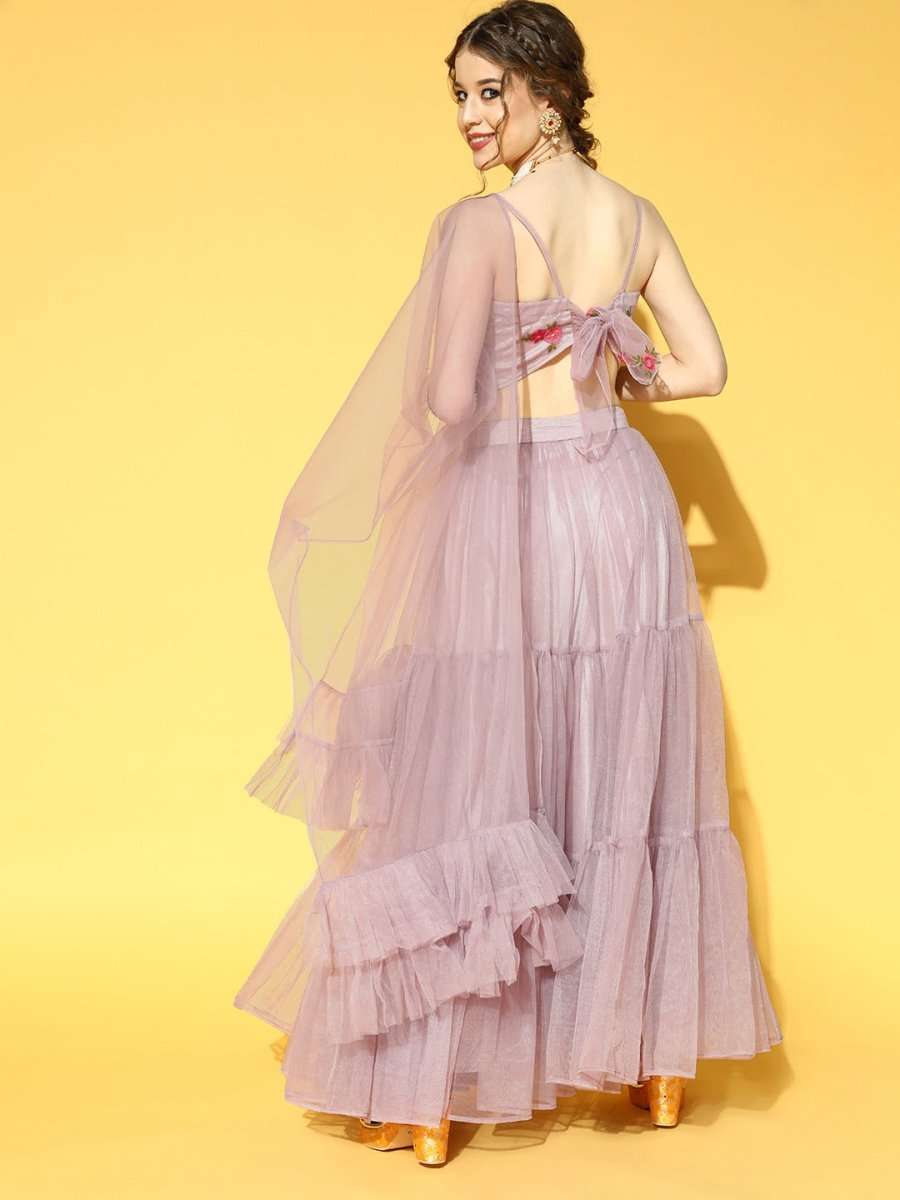 Mauve Embroidered Semi-Stitched Net Lehenga & Unstitched Choli With Dupatta - Inddus.com