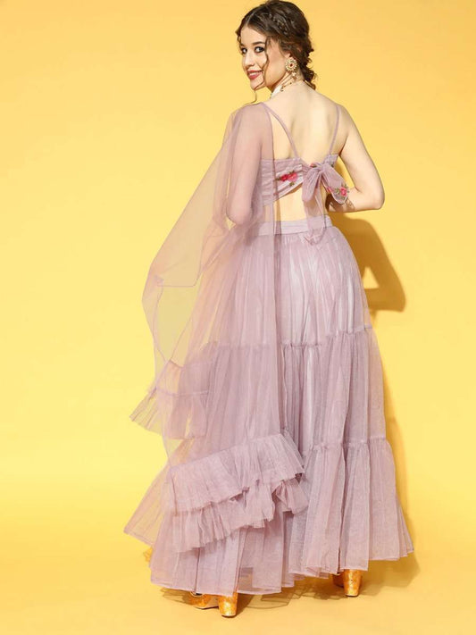 Mauve Embroidered Semi-Stitched Net Lehenga & Unstitched Choli With Dupatta - Inddus.com