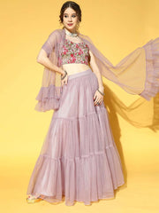 Mauve Embroidered Semi-Stitched Net Lehenga & Unstitched Choli With Dupatta - Inddus.com