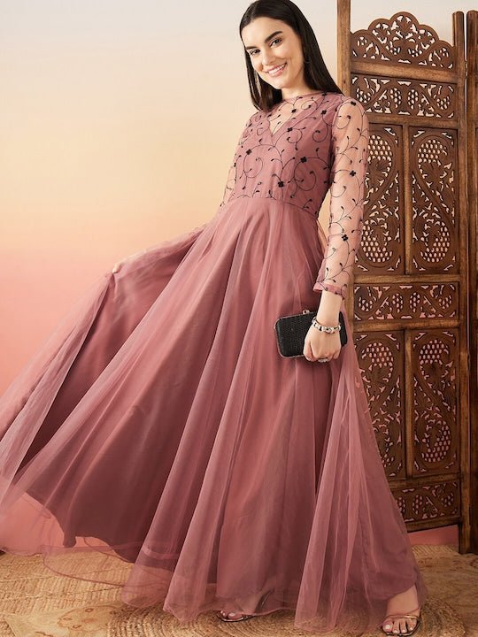 Mauve Floral Embroidered Flared Maxi Ethnic Dresses - Inddus.com