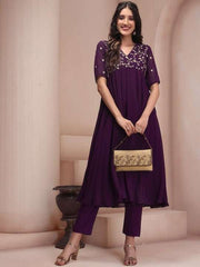 Mauve Floral Embroidered Georgette Anarkali Kurta with Trousers - Inddus.com