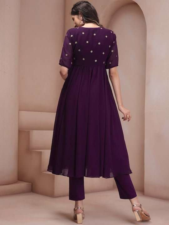 Mauve Floral Embroidered Georgette Anarkali Kurta with Trousers - Inddus.com
