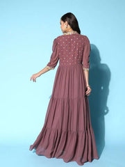 Mauve Floral Embroidered Georgette Maxi Dress - Inddus.com