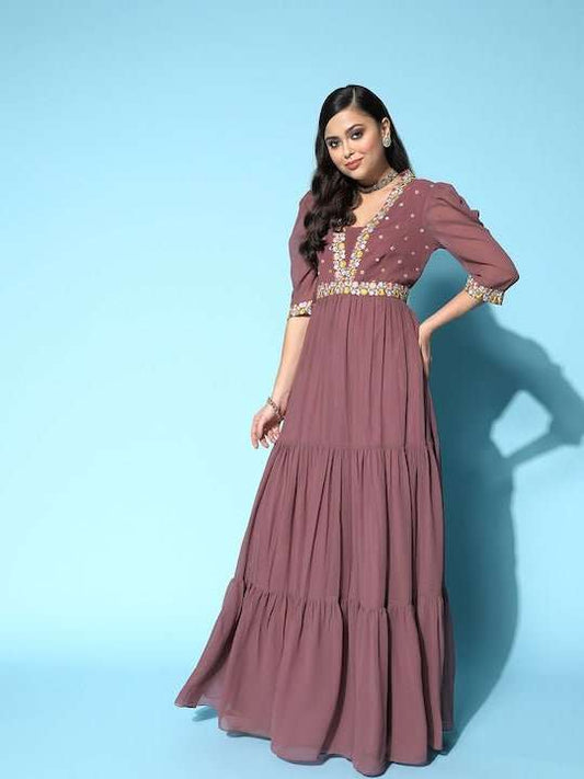 Mauve Floral Embroidered Georgette Maxi Dress - Inddus.com
