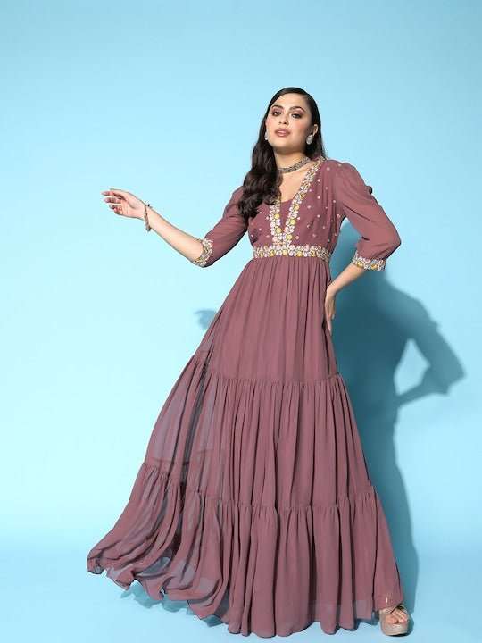 Mauve Floral Embroidered Georgette Maxi Dress - Inddus.com