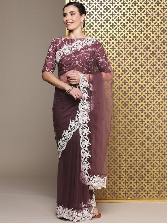Mauve Floral Embroidered Net Saree - Inddus.com