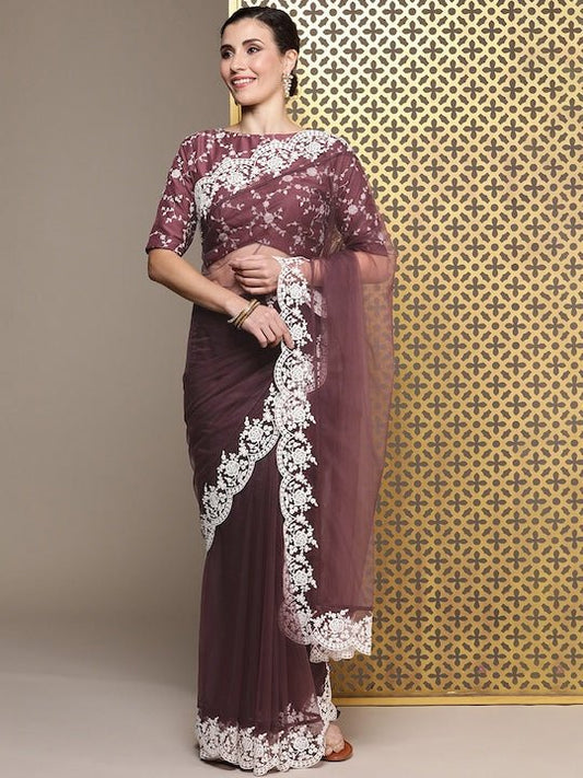 Mauve Floral Embroidered Net Saree - Inddus.com