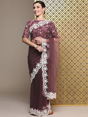 Mauve Floral Embroidered Net Saree - Inddus.com