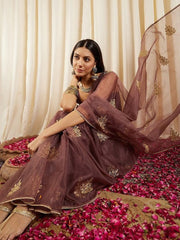 Mauve Floral Embroidered Sequinned Organza Saree - Inddus.com