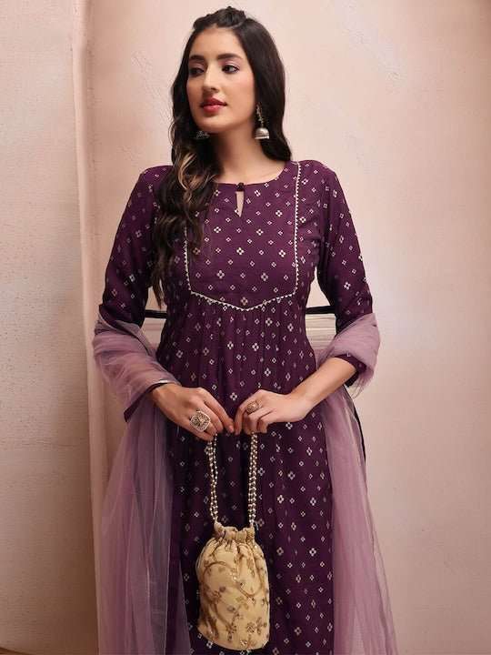 Mauve Floral Embroidered Thread Work Chanderi Cotton Kurta Set - Inddus.com