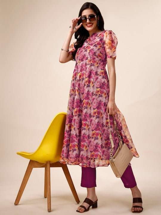 Mauve Floral Printed Puff Sleeves Kurta with Trousers - Inddus.com