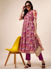 Mauve Floral Printed Puff Sleeves Kurta with Trousers - Inddus.com