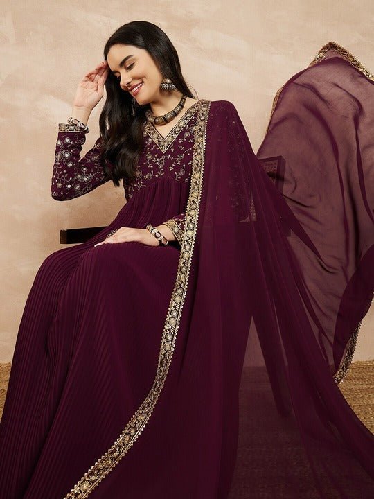 Mauve Floral Yoke Design Georgette Thread Work Anarkali Kurta With Dupatta - Inddus.com
