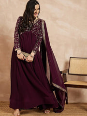Mauve Floral Yoke Design Georgette Thread Work Anarkali Kurta With Dupatta - Inddus.com