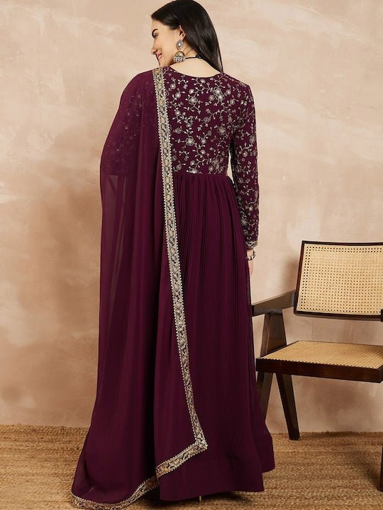 Mauve Floral Yoke Design Georgette Thread Work Anarkali Kurta With Dupatta - Inddus.com