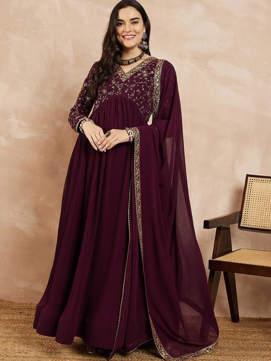 Mauve Floral Yoke Design Georgette Thread Work Anarkali Kurta With Dupatta - Inddus.com