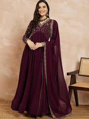Mauve Floral Yoke Design Georgette Thread Work Anarkali Kurta With Dupatta - Inddus.com