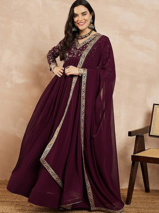 Mauve Floral Yoke Design Georgette Thread Work Anarkali Kurta With Dupatta - Inddus.com