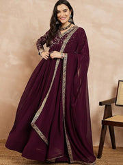 Mauve Floral Yoke Design Georgette Thread Work Anarkali Kurta With Dupatta - Inddus.com