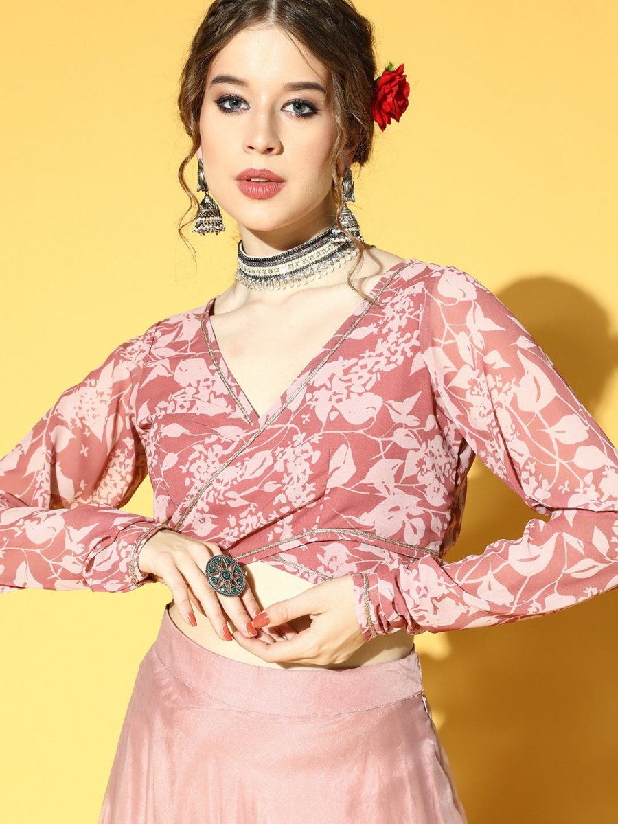 Mauve Georgette Floral Printed Top & Skirt Co-ords Set - Inddus.com