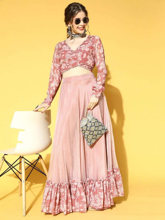 Mauve Georgette Floral Printed Top & Skirt Co-ords Set - Inddus.com