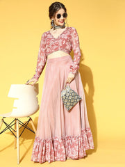Mauve Georgette Floral Printed Top & Skirt Co-ords Set - Inddus.com