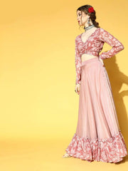 Mauve Georgette Floral Printed Top & Skirt Co-ords Set - Inddus.com