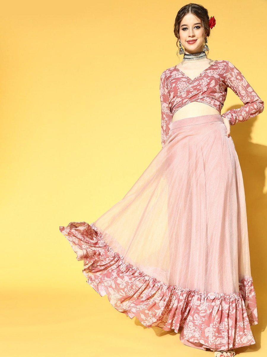Mauve Georgette Floral Printed Top & Skirt Co-ords Set - Inddus.com