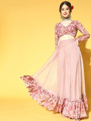 Mauve Georgette Floral Printed Top & Skirt Co-ords Set - Inddus.com