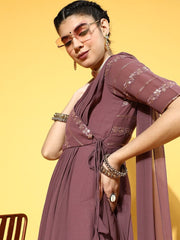 Mauve Georgette Partywear Self Design Dresses - Inddus.com