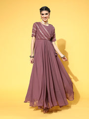 Mauve Georgette Partywear Self Design Dresses - Inddus.com