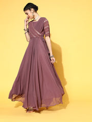 Mauve Georgette Partywear Self Design Dresses - Inddus.com