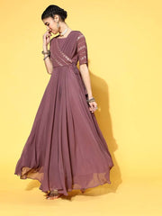Mauve Georgette Partywear Self Design Dresses - Inddus.com