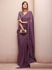 Mauve & Gold-Toned Geometric Embellished Mukaish Organza Saree