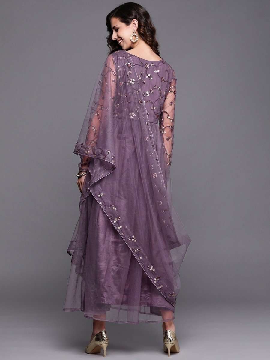 Mauve High Slit Kurta with Trouser and Dupatta - Inddus.com