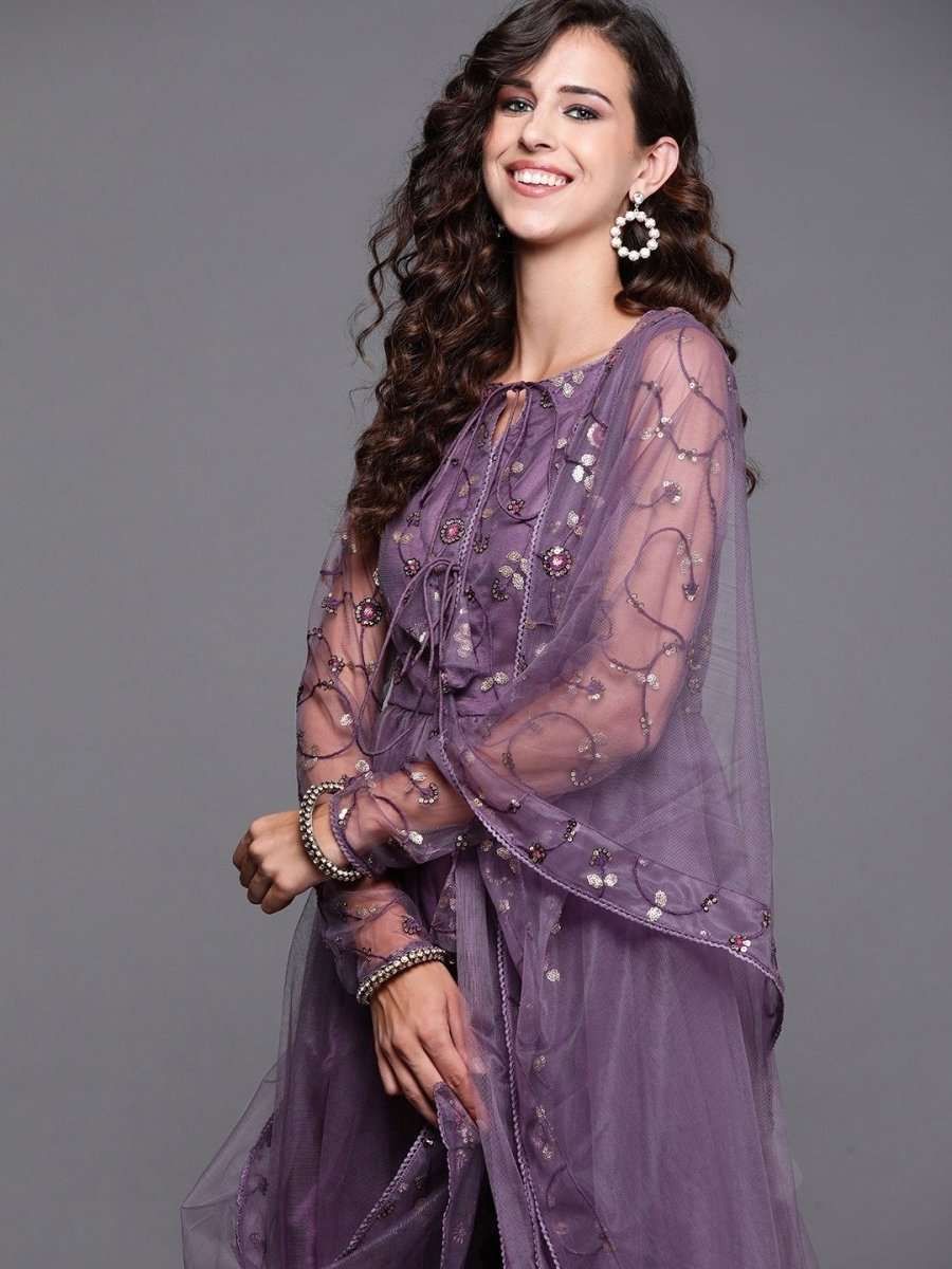 Mauve High Slit Kurta with Trouser and Dupatta - Inddus.com