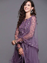 Mauve High Slit Kurta with Trouser and Dupatta - Inddus.com