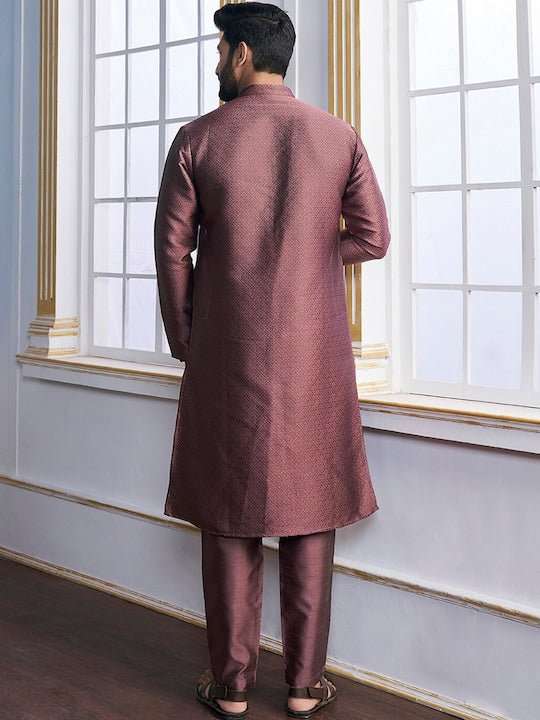 Mauve Mandarin Collar Ethnic Motifs Kurta with Trousers - Inddus.com