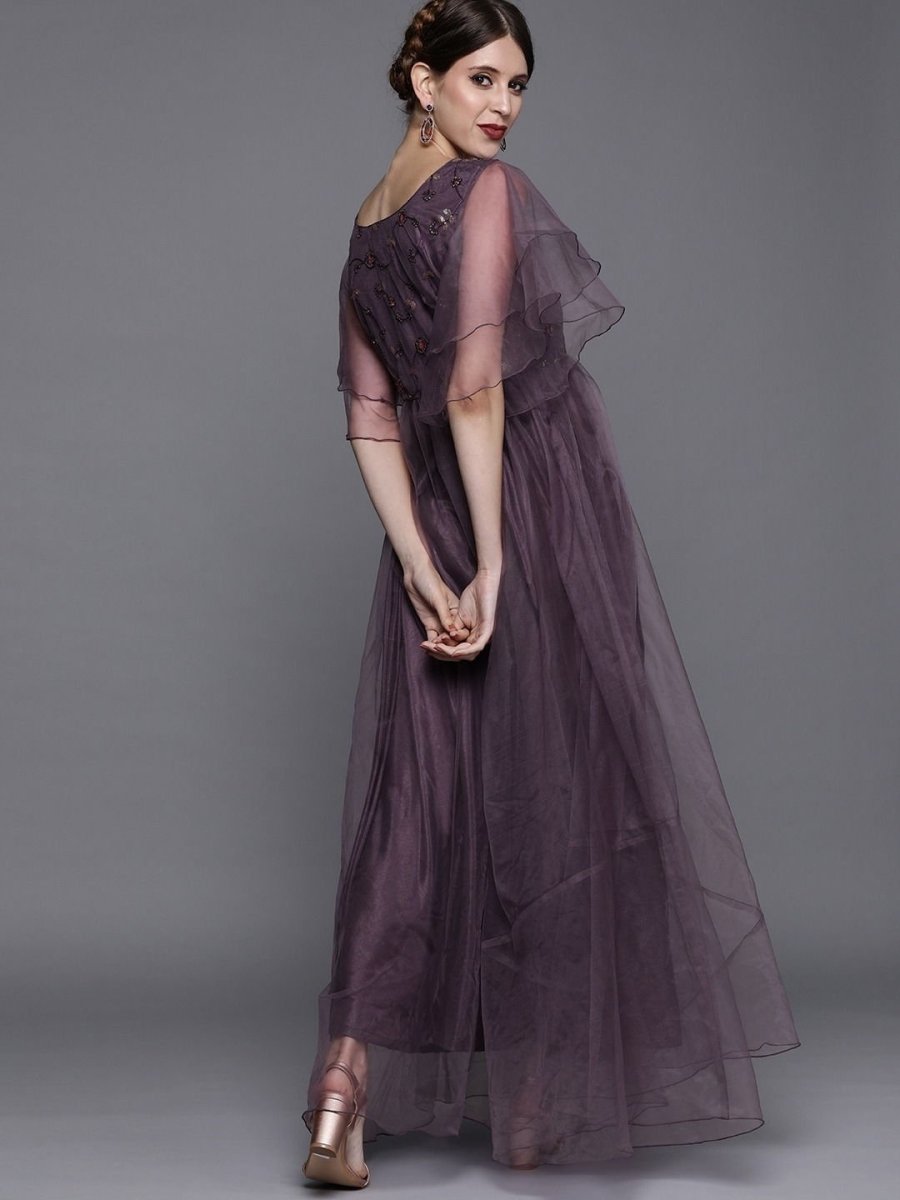 Mauve Net Embroidered Maxi Dress - inddus-us