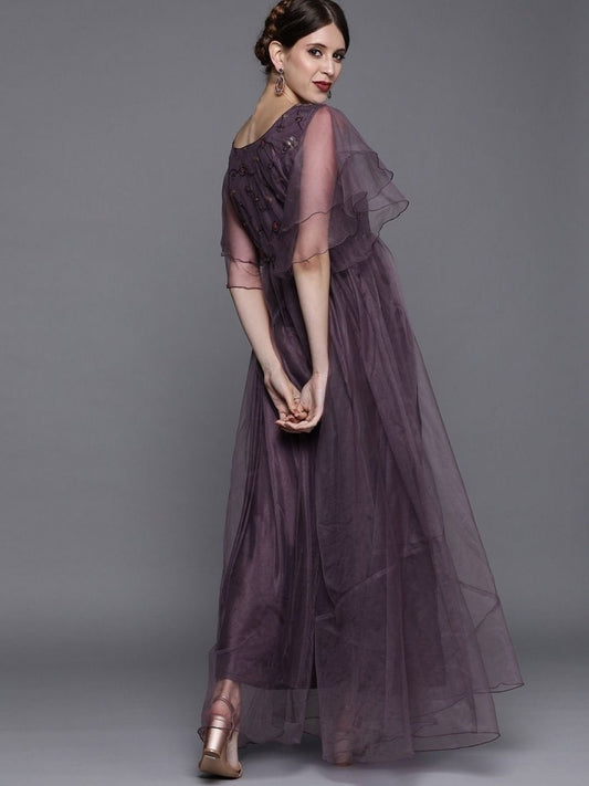 Mauve Net Embroidered Maxi Dress - inddus-us