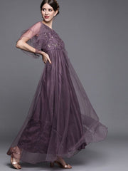 Mauve Net Embroidered Maxi Dress - inddus-us