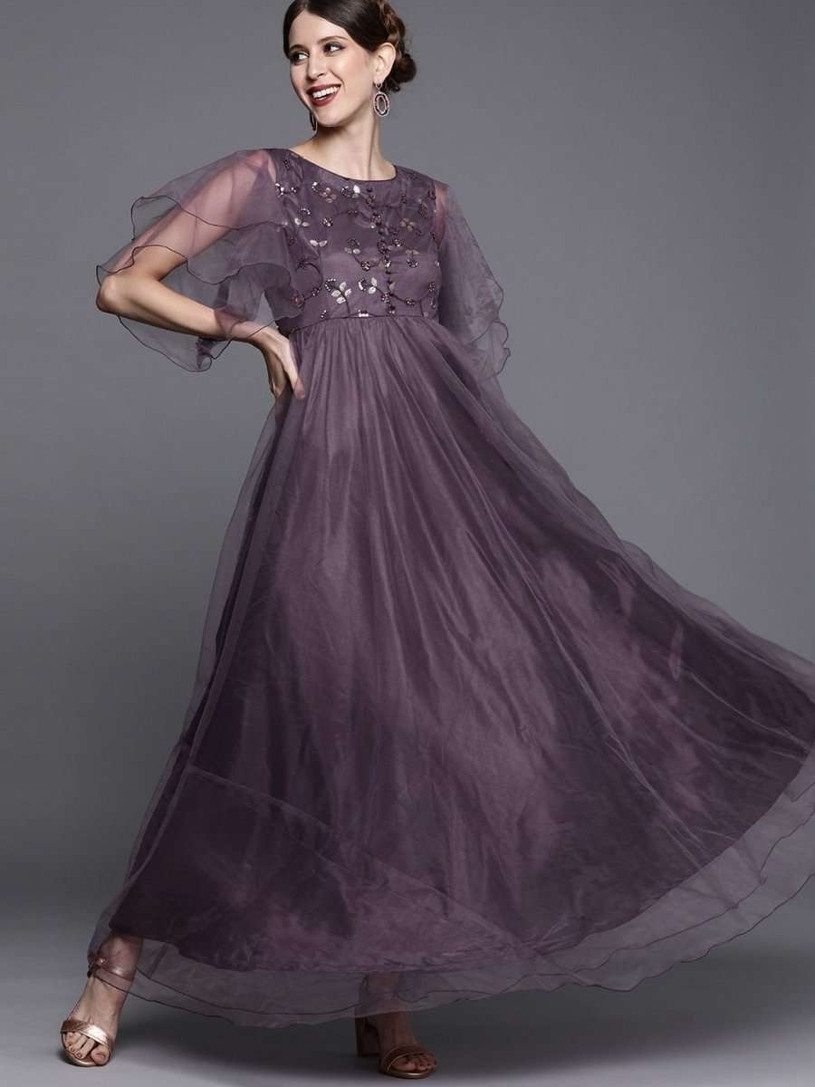 Mauve Net Embroidered Maxi Dress - inddus-us