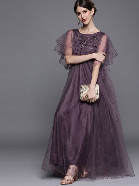 Mauve Net Embroidered Maxi Dress - inddus-us