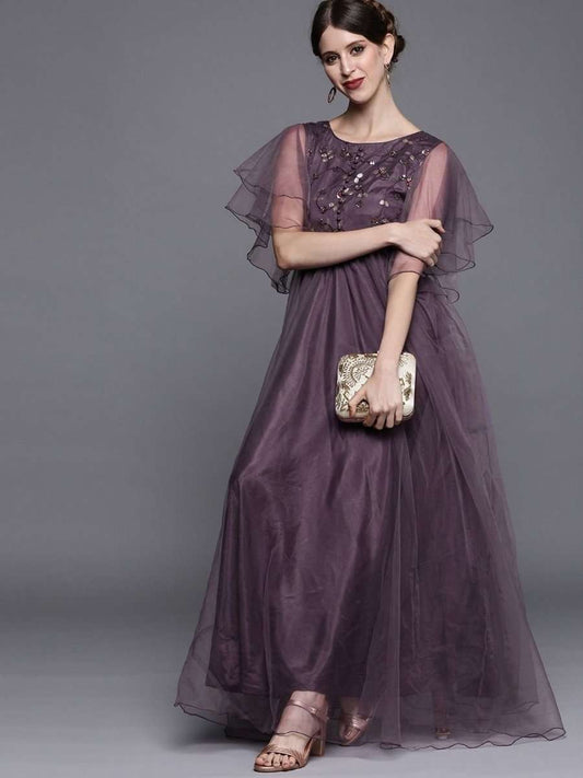 Mauve Net Embroidered Maxi Dress - inddus-us
