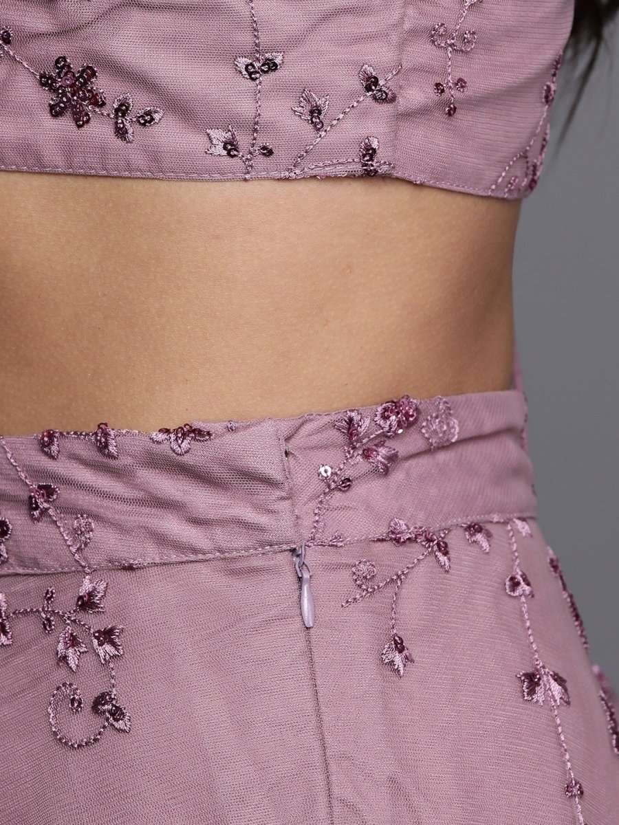 Mauve Net Embroidered SemiStitched Lehenga With Blouse and Dupatta and Belt - inddus-us